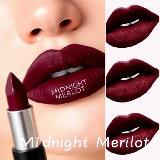 Matte burgundy lips with a velvet texture, called "Midnight Merlot," boast a rich, deep color and precise edges for a sophisticated evening appearance