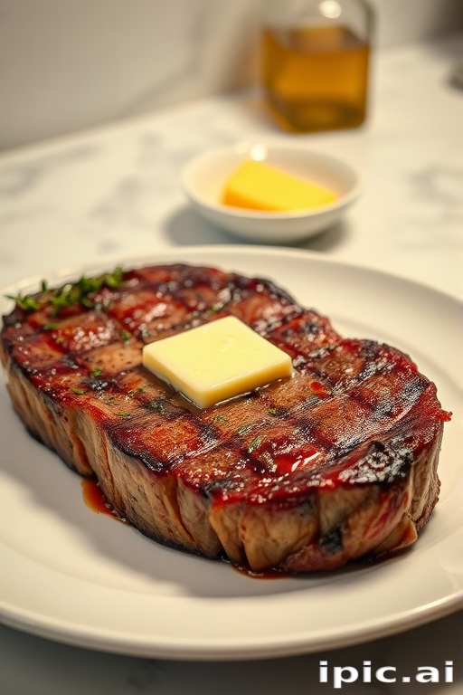 Create an image of a perfectly seared ribeye steak, resting on a white plate with a pat of melting butter on top. The steak is seasoned with fresh herbs like thyme and parsley, with glistening juices highlighting the texture of the meat. The background features a soft focus on a light, marble countertop, with a small dish of butter and an olive oil bottle in the distance. The overall mood should be warm and inviting, capturing the deliciousness and juiciness of the steak.