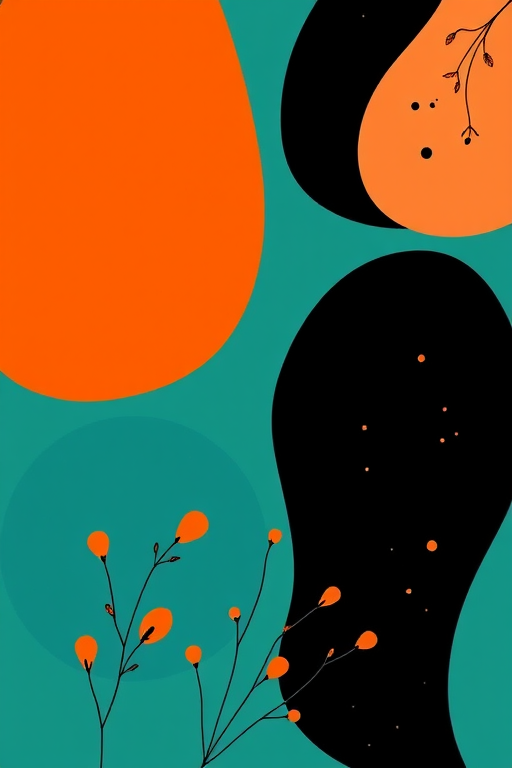Create a high-resolution abstract pattern image featuring organic shapes in orange, teal, and black, with delicate line art of plants and scattered dots, shot with a DSLR camera at f/4, ISO 100, 35mm lens, top-down view, natural soft lighting.