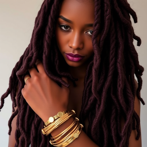 Sultry burgundy mermaid locs titled Wine Waves combining the texture of dreadlocks with loose cascading waves adorned with golden cuffs and rings for a luxurious bohemian aesthetic
