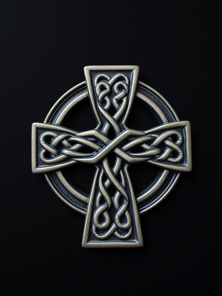 regenerate an intricate Celtic cross with detailed knotwork on a black background, using a DSLR camera, 50mm lens, f/4 aperture, ISO 100, in soft natural lighting, focus on the design's texture and symmetry, ensure high resolution and clarity