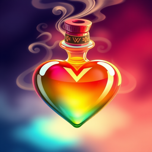 Create a vibrant illustration of a heart-shaped potion bottle with swirling steam and a floating cap in a whimsical style, captured in a top-down view with a soft focus; use a DSLR camera with a 50mm lens at f/2.8, ISO 100, and natural lighting to enhance color saturation and detail.