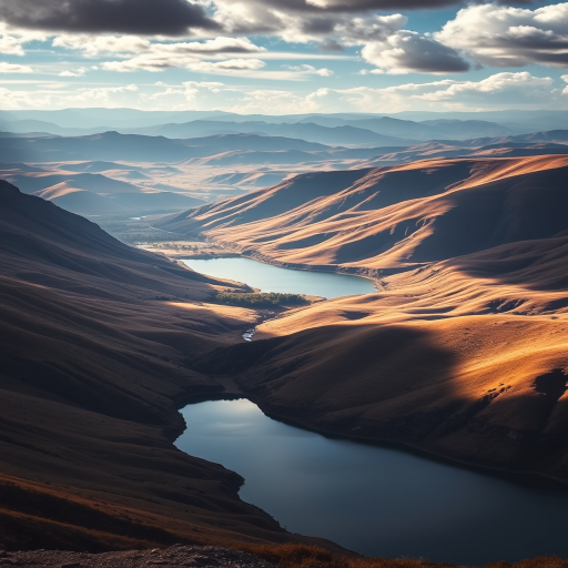 Capture a stunning landscape of a valley with rolling hills and a lake, showcasing dramatic lighting and shadows, taken with a DSLR camera, 24mm lens, f/8 aperture, ISO 100, and a polarizing filter for enhanced color vibrancy and contrast.