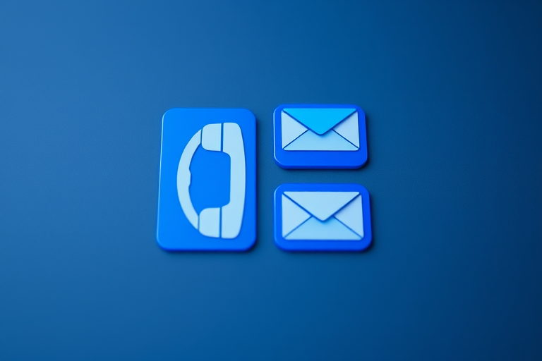 Create a high-resolution image featuring four blue square icons: an '@' symbol, a telephone, an envelope, and a location pin, using a Canon EOS 5D Mark IV camera with a 50mm lens, aperture set to f/2.8, ISO 100, and a soft focus background for enhanced clarity and detail.