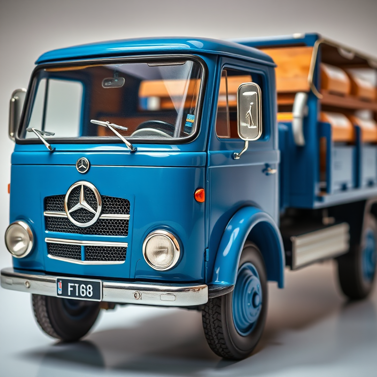 Capture a detailed close-up shot of a vintage blue Mercedes-Benz truck with a silver racing car on its back, using a DSLR camera with a 50mm lens, aperture set to f/2.8 for a shallow depth of field, ISO 100, and a well-lit studio setting to enhance colors and textures.