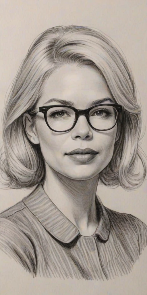 Magnificent Michelle Williams, pencil sketch, portrait of Enticing woman 1951s in glasses, hair style beatnik, outline, clear lines, fine lines, 8k