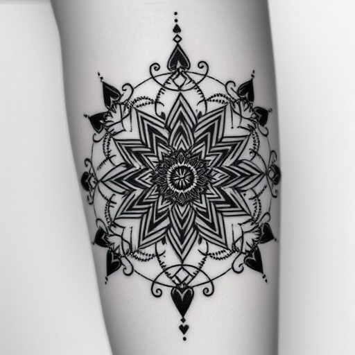 Blackwork sacred geometry tattoo featuring intricate mandala patterns and mystical symbols, gradually fading from solid black to delicate dotwork for a mesmerizing visual effect