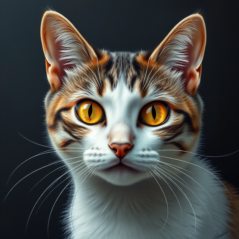 Create a high-resolution digital painting of a cat with striking golden eyes and a white and gray coat, set against a dark textured background, using a soft focus lens with a shallow depth of field, camera settings at f/2.8, ISO 100, 1/125 sec, shot from a frontal view with a DSLR camera style for enhanced detail and contrast.
