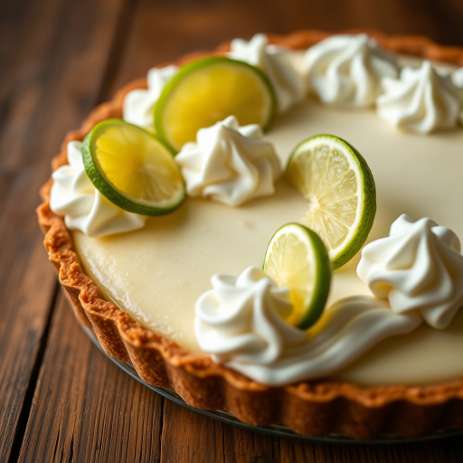 Close-up shot of a lime pie with whipped cream and lime slices on a rustic wooden table, natural light, f/2.8 aperture, 1/125 sec shutter speed, ISO 100, macro lens, DSLR camera.
