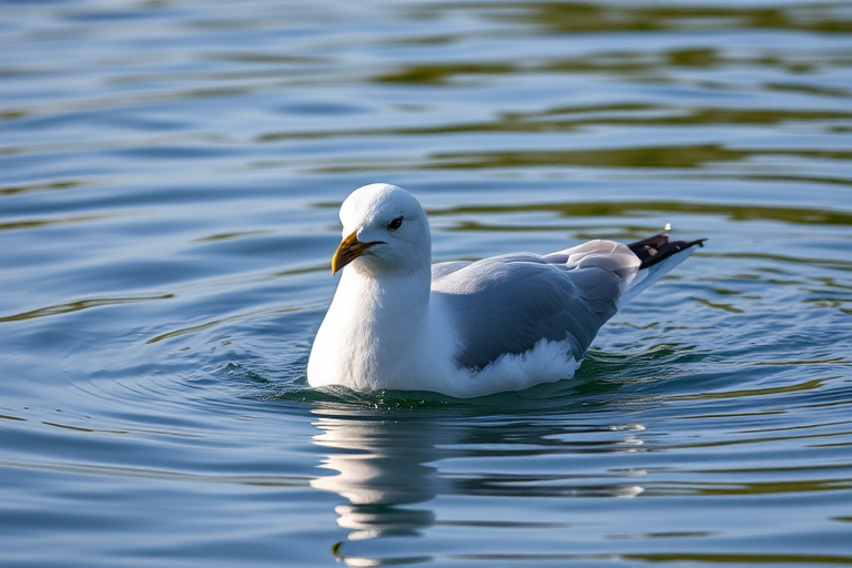 Capture a close-up of a seagull swimming on calm water, using a DSLR camera, 200mm lens, aperture f/4, ISO 200, shutter speed 1/500s, in natural light to enhance clarity and detail.