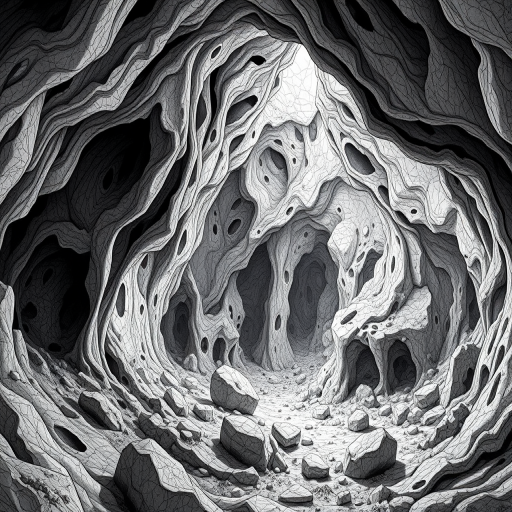 Create a detailed black and white illustration of a surreal cave landscape with abstract organic shapes and textures, using a Canon EOS 5D Mark IV at f/8 aperture, ISO 100, 24mm focal length, and a shallow depth of field to enhance contrast and clarity.