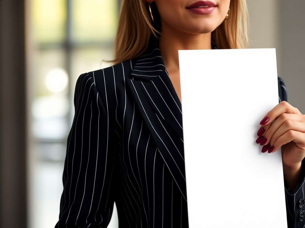 A woman in a pinstriped suit holding a blank white sign, close-up view, soft natural lighting, 50mm lens, f/2.8 aperture, ISO 100, DSLR camera, shallow depth of field.