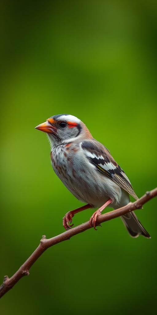 Capture a close-up image of a zebra finch perched on a branch with a blurred green background, use a Canon EOS 5D Mark IV with an 85mm f/1.4 lens, set aperture to f/1.8, shutter speed to 1/500s, and ISO 200 for enhanced detail and color vibrancy.