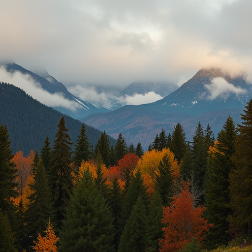 dense forest in front of majestic mountains shrouded in fog and clouds, autumn colors peeking through, captured with a Canon EOS R5, using an 24-70mm f/2.8 lens at f/8, ISO 100, 1/250 sec, in soft natural light, wide-angle view for depth and detail.