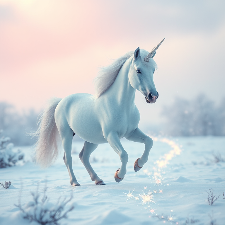 Create a high-quality illustration of a mystical unicorn in a snowy landscape with soft pastel colors, featuring gentle snowfall and a magical sparkly trail, using a Canon EOS 5D Mark IV camera, 50mm lens, f/2.8 aperture, ISO 200, in portrait view for a dreamy effect.