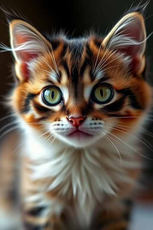 Create a high-quality image of a fluffy kitten with striking green eyes and prominent whiskers, using a DSLR camera with a 50mm lens, aperture f/1.8, ISO 200, in soft natural lighting, shallow depth of field, and a dark, blurred background to enhance focus on the cat's facial features.