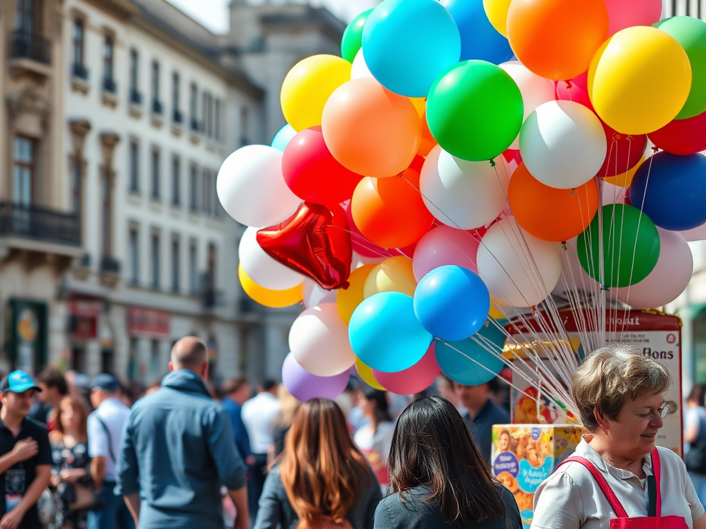Create an image of a vibrant balloon vendor in a lively city square, capturing a colorful array of balloons in various shapes and sizes, with people interacting in the foreground; use a DSLR camera with a 35mm lens, aperture set to f/8 for sharp focus, ISO 200 for clear image quality, and a slight low-angle view to emphasize the balloon arrangement.