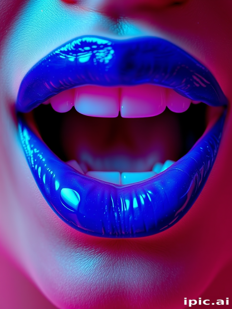 Fascinating depiction of electric blue lips with a neon sheen, showcasing vivid color payoff and attention-grabbing brightness