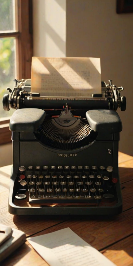 Sharp, detailed image of a vintage typewriter on a wooden desk, soft sunlight streaming through a nearby window, a half-written page of text in the machine, the smell of old paper and ink filling the air, a sense of nostalgia and creativity captured.