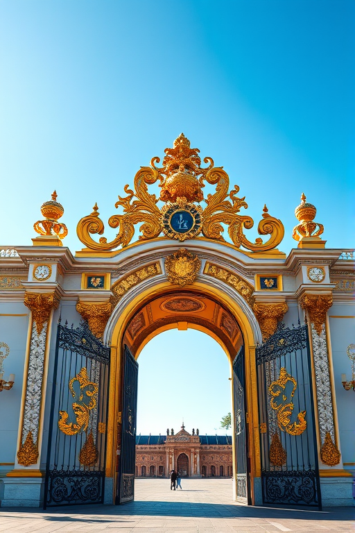 Generate a high-resolution image of an ornate gate with intricate gold details and a grand archway, captured with a DSLR camera, 50mm lens, f/1.8 aperture, ISO 100, and natural sunlight, featuring a frontal view that showcases the gate's architectural beauty against a clear blue sky.