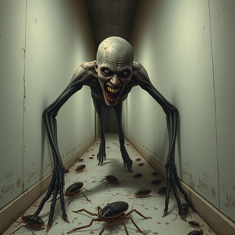 a crooked male with long arms and a creepy smile is crawling along a long white corridor and you can also see cockroaches in it there is a creepy atmosphere creepy art style