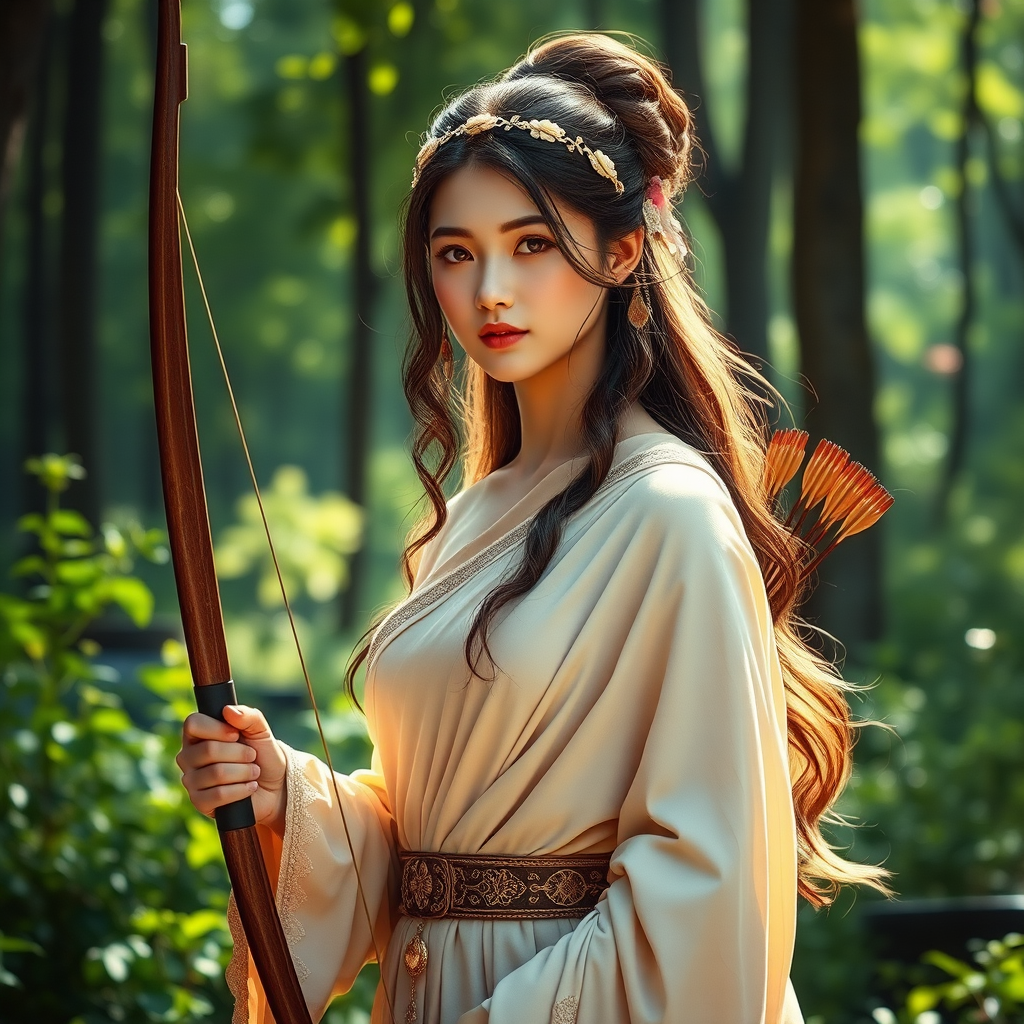 Create a portrait of a goddess-like Uyghur girl figure in a tranquil, forested environment. She has an elegant appearance with long, wavy hair styled in an updo and adorned with a delicate, floral headband. She wears a flowing, ancient Greek-inspired gown in a soft, pale color, featuring a one-shoulder design and draped fabric that accentuates her graceful form. The outfit includes a decorative belt with ornate gold detailing, and she holds a bow in her hand, with a quiver of arrows slung over her shoulder. The background depicts lush greenery, with sunlight filtering through the trees, casting a gentle, ethereal light on the scene. Her expression is calm and contemplative, embodying a sense of wisdom and serenity.