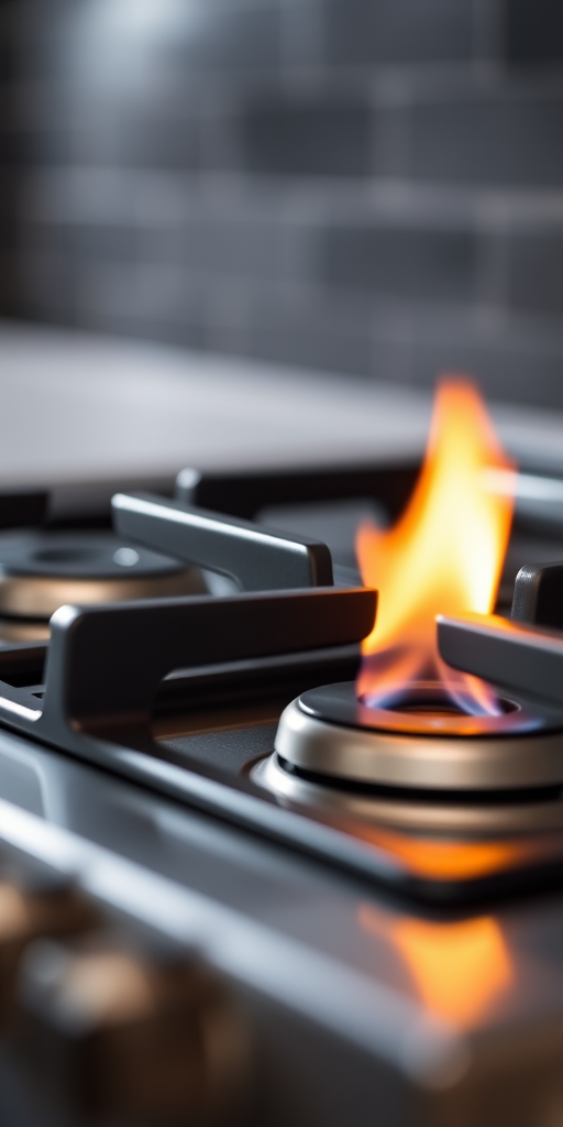Capture a close-up image of a modern gas stove with four burners, focus on the flame of the front burner, using a DSLR camera at f/2.8 aperture, ISO 100, shutter speed 1/125 sec, in natural light with a shallow depth of field for an enhanced bokeh effect.