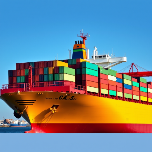 Create a vibrant image of a cargo ship loaded with colorful containers, captured in bright daylight with a clear blue sky, using a DSLR camera with a 24mm lens, f/8 aperture, ISO 100, and a shutter speed of 1/500s, ensuring a sharp focus on the ship and a slightly blurred background to emphasize the vessel.