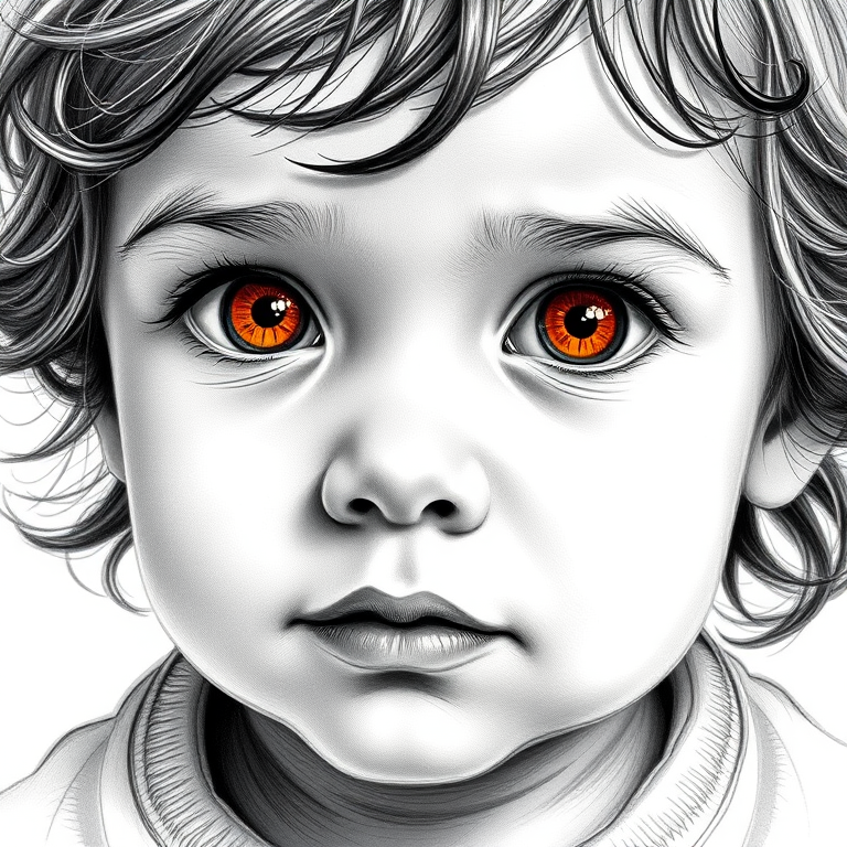 A hyperdetailed photorealistic black and white sketch of a beautiful toddler with deep orange eyes, with a macro focus