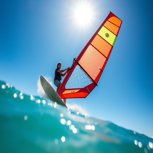 windsurfing action shot in vibrant colors, sunny day, clear blue sky, shallow depth of field, ISO 100, f/4, 1/1000 sec, 24mm lens, DSLR camera, landscape orientation, high-resolution quality