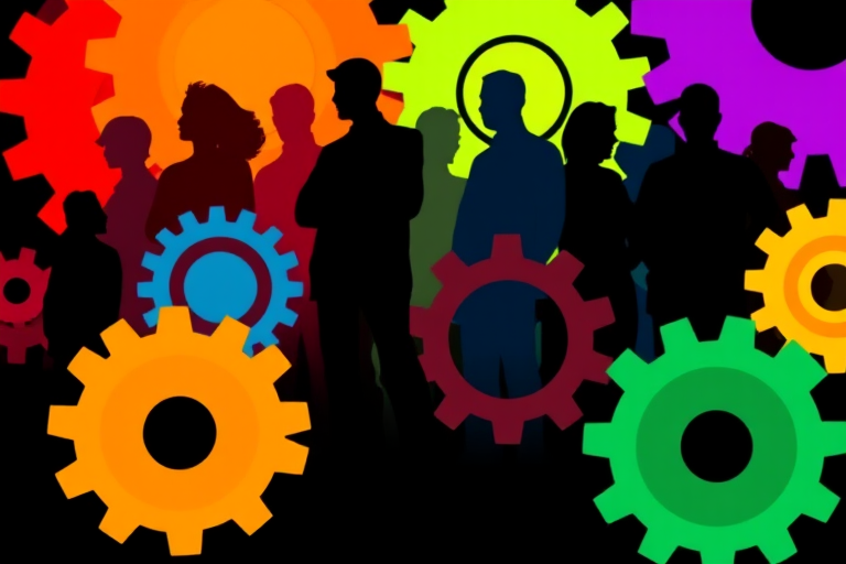 generate a high-resolution vector graphic of a diverse group of abstract human figures in silhouette overlapping colorful gears, using Canon EOS R5, aperture f/2.8, ISO 100, 50mm lens, with a soft focus and vibrant color contrast on a black background