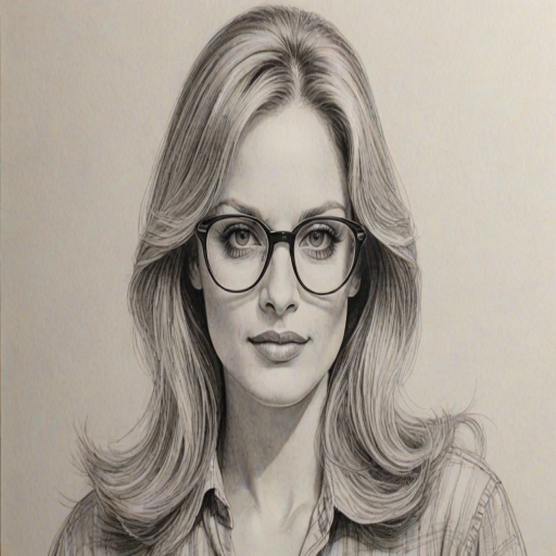 Enticing Beverly D'Angelo, pencil sketch, portrait of Fascinating woman 1974s in glasses, hair style beatnik, outline, clear lines, fine lines, 8k