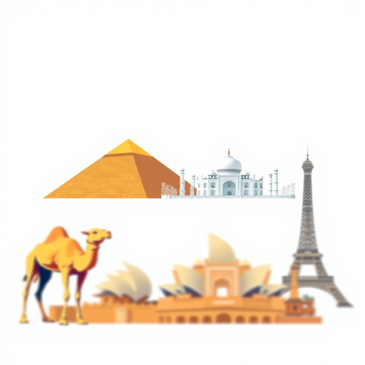 Create a vector-style illustration featuring iconic landmarks such as the Great Pyramid of Giza, a camel, the Taj Mahal, the Sydney Opera House, the Eiffel Tower, and the Statue of Liberty, with a clean white background, captured using a DSLR camera at f/8 aperture, ISO 100, 50mm lens, and a slight tilt-shift effect for depth.