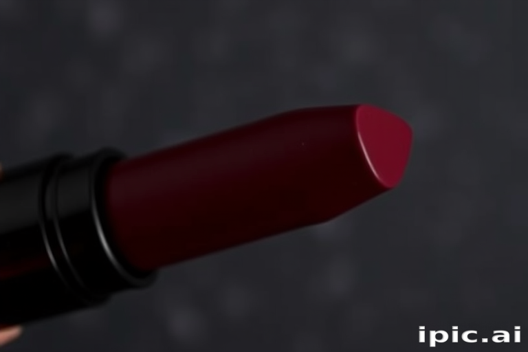 Deep burgundy matte lipstick "Midnight Velvet" with a velvety texture and rich pigmentation, ideal for formal events and dramatic looks, infused with moisturizing oils