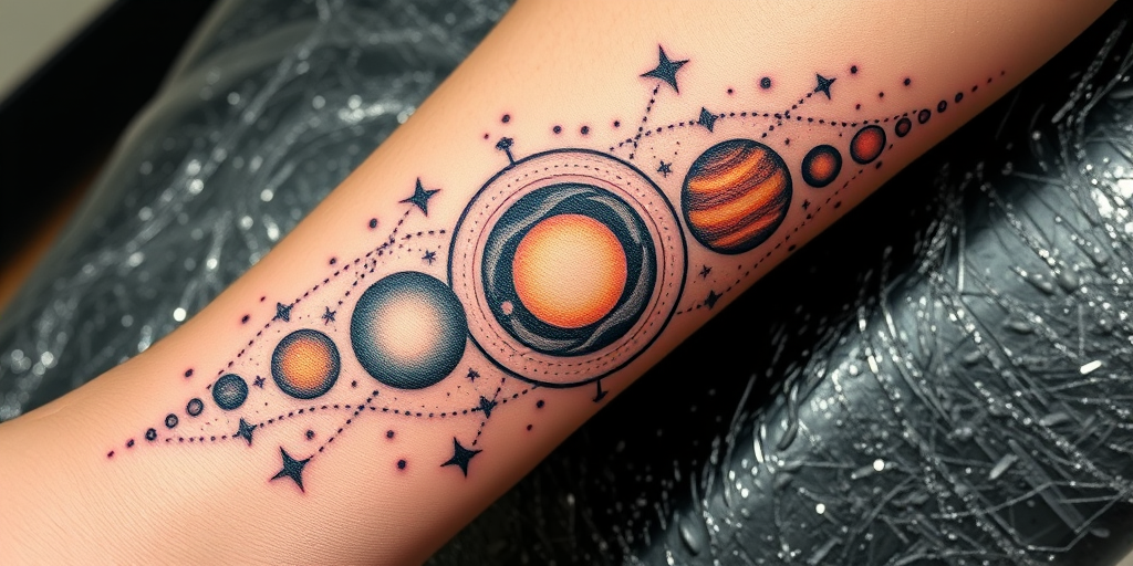 Cosmic dotwork tattoo of the solar system wrapping around the wrist, using precise stippling techniques to create gradients and textures for a celestial masterpiece