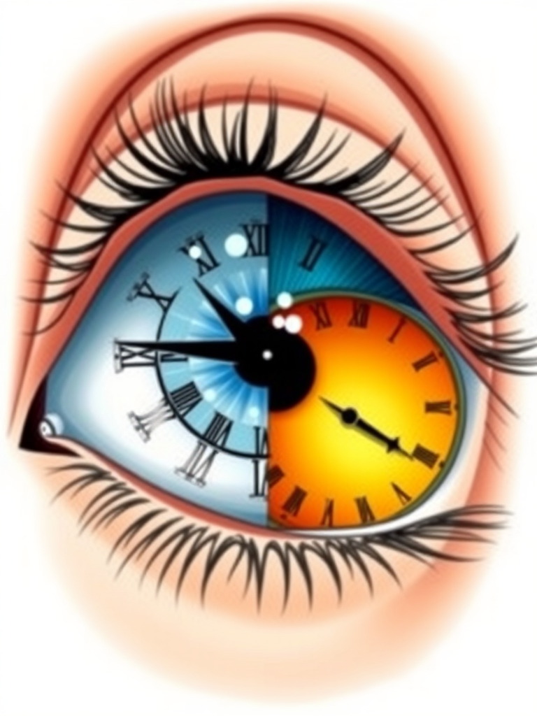 Create an illustration of two eyes integrated with clock designs, one with a blue color scheme and one with orange, focusing on intricate details and vibrant colors, shot with a DSLR camera at f/2.8 aperture, 50mm lens, ISO 100, in natural light for enhanced clarity and depth.