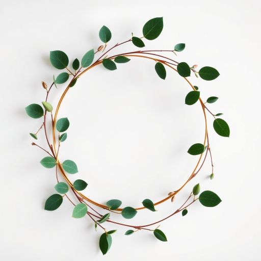 create a botanical wreath with golden circular border and green leaves, shot with a DSLR camera at f/2.8 aperture, ISO 100, 50mm lens, top-down view, soft lighting for a delicate aesthetic