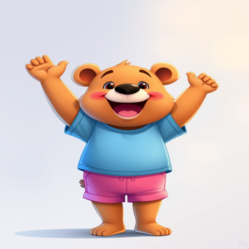 Create a vibrant cartoon illustration of a cheerful bear wearing a blue shirt and pink shorts, with a big smile and arms raised in a joyful pose, using a digital painting style, in high resolution with a 35mm lens effect, soft lighting, and a slight bokeh background to enhance depth.