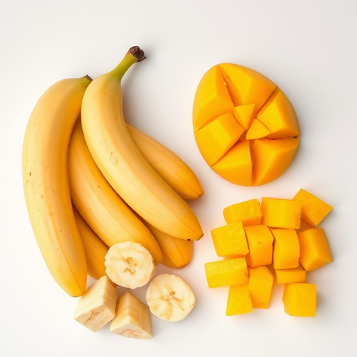 Create a high-resolution image of sliced bananas and diced mangoes on a clean white background using a DSLR camera with a 50mm lens, aperture f/2.8, ISO 100, and natural lighting to enhance colors and details.