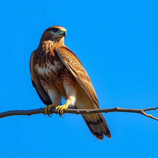Capture a high-resolution image of a hawk perched on a branch against a clear blue sky, using a DSLR camera with a 200mm lens, aperture set to f/5.6, shutter speed at 1/500s, ISO 400, shot at eye level with natural lighting for vibrant colors and sharp details.
