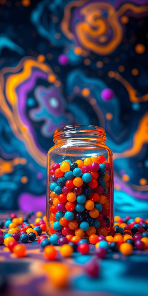 A vibrant, cosmic scene featuring an orange glass jar filled with colorful beads, surrounded by swirling abstract patterns in deep blues, purples, and yellows, shot with a Canon EOS R5, 50mm lens, f/1.8 aperture, ISO 100, at a low angle to capture depth and enhance colors, with soft focus on the background and vivid details in the foreground.