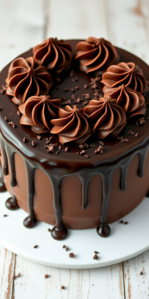 Create an image of a round chocolate cake decorated with swirls of chocolate frosting on top and chocolate ganache drizzling down the sides. The cake should have a smooth, rich chocolate exterior and be adorned with chocolate sprinkles. The background should be simple and rustic to emphasize the cake.