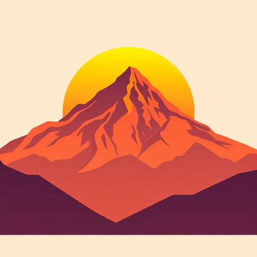 A digital illustration of a mountain range with a stylized sunset behind it, using vibrant orange, yellow, and red colors, with a modern minimalist design; camera settings: f/8, ISO 100, shutter speed 1/200, camera view: wide-angle; camera type: digital mirrorless; style: flat design.