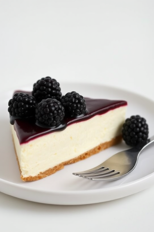 A slice of cheesecake with a creamy white filling and a graham cracker crust topped with a shiny blackberry glaze and fresh blackberries arranged on top served on a white plate with a fork beside it against a light background.