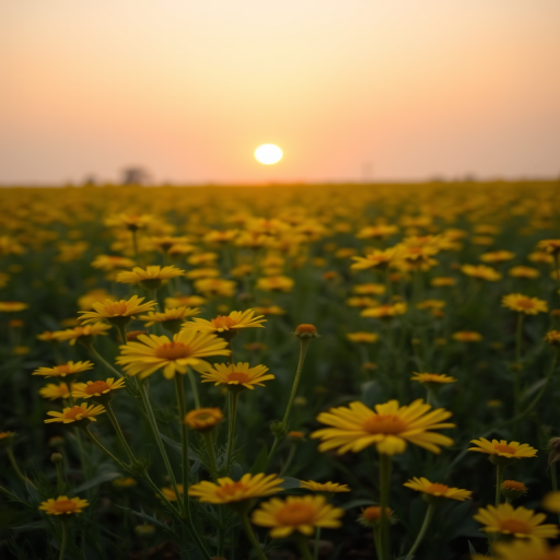 vibrant field of yellow flowers at sunrise with soft morning light, low angle view, DSLR camera, f/4 aperture, 1/200 sec shutter speed, ISO 100, wide-angle lens