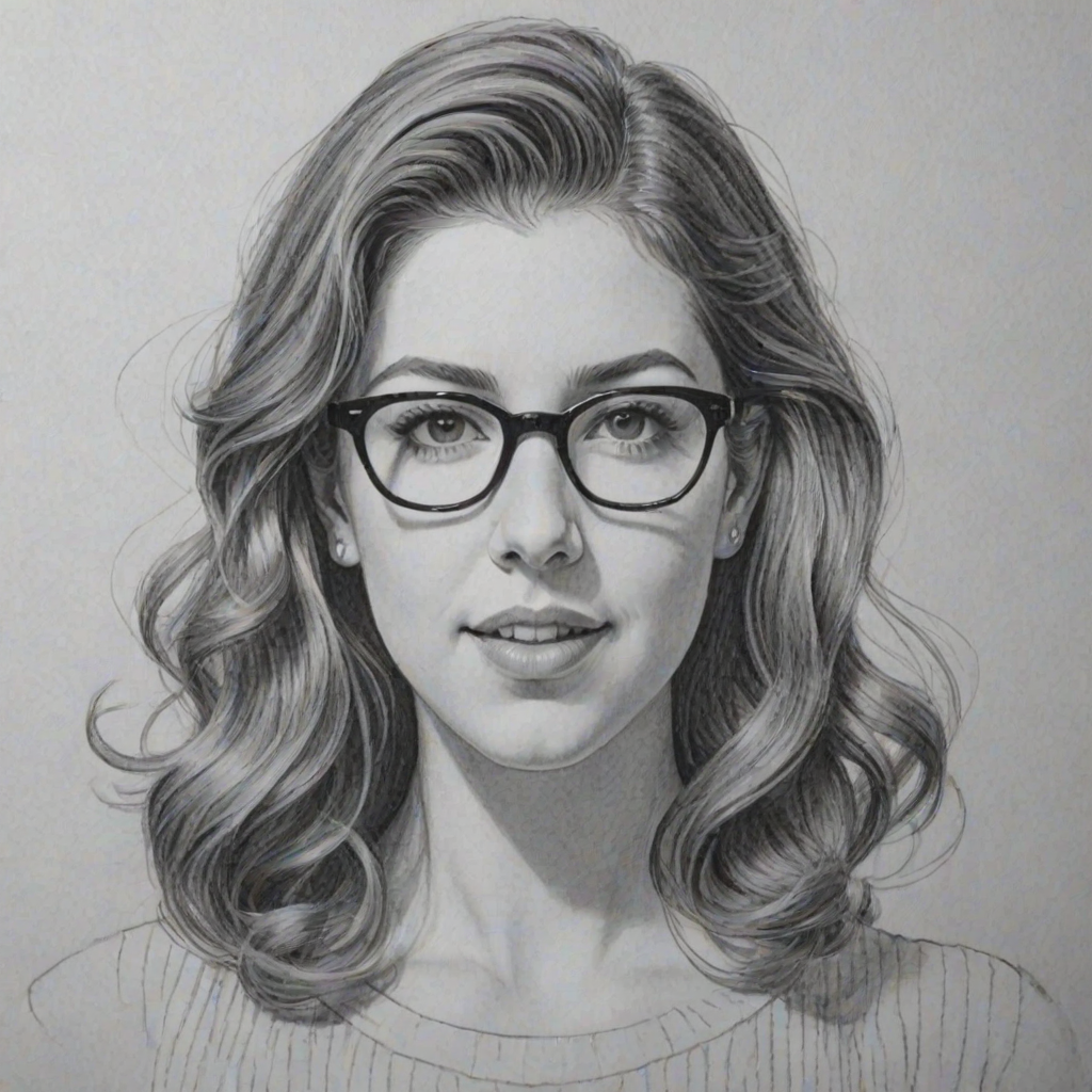 Ravishing Eden Sher, pencil sketch, portrait of Dazzling woman 1961s in glasses, hair style beatnik, outline, clear lines, fine lines, 8k