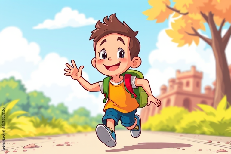 Create a vibrant cartoon illustration of a cheerful boy with a backpack running, captured from a slightly low angle with a 50mm lens, f/2.8 aperture, ISO 100, and bright natural lighting to enhance color saturation and detail.