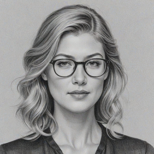 Attractive Rosamund Pike, pencil sketch, portrait of Enchanting woman 1933s in glasses, hair style beatnik, outline, clear lines, fine lines, 8k