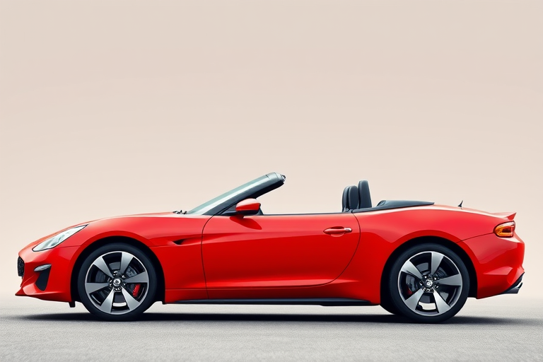 Create a high-resolution vector image of a red convertible sports car in profile view, using a digital camera with a 50mm lens, aperture f/8, ISO 100, shot from eye level, with a soft-focus background for depth.