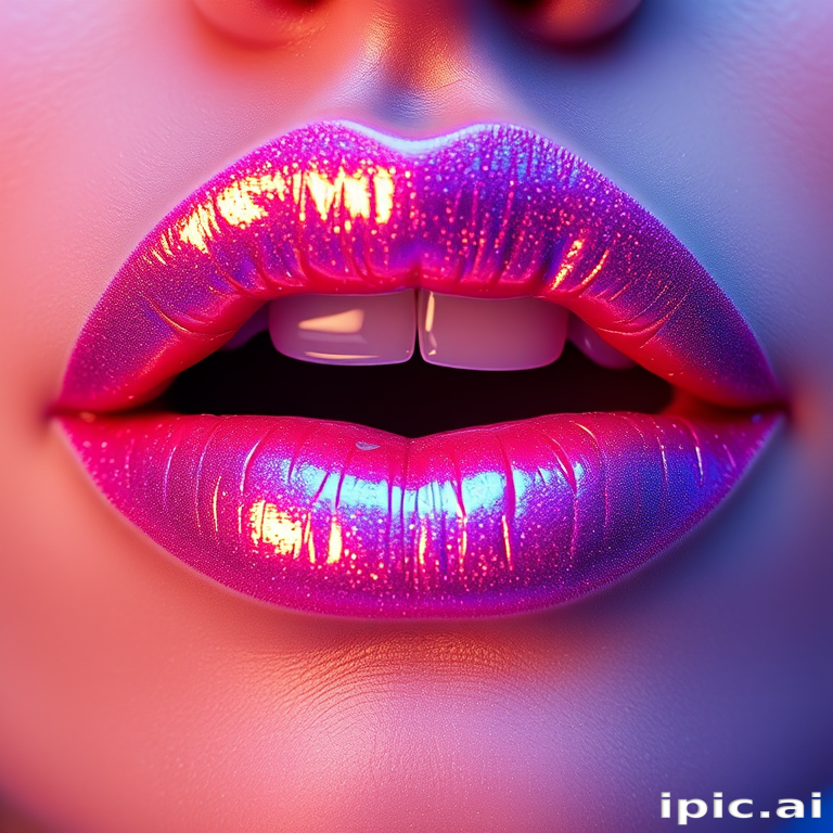 Shimmering holographic lips reflecting prismatic hues, iridescent shine creating mesmerizing depth, full and pouty appearance, futuristic and enchanting Cosmic Opal Sparkle style
